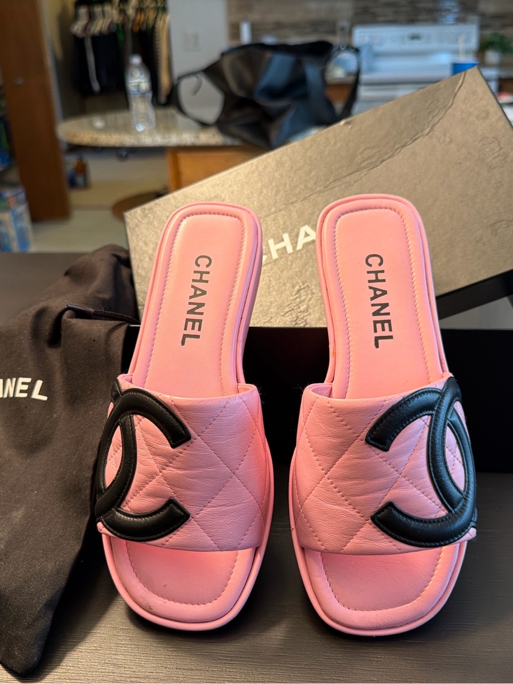 Pink Chanel Quilted Leather Slides 36
